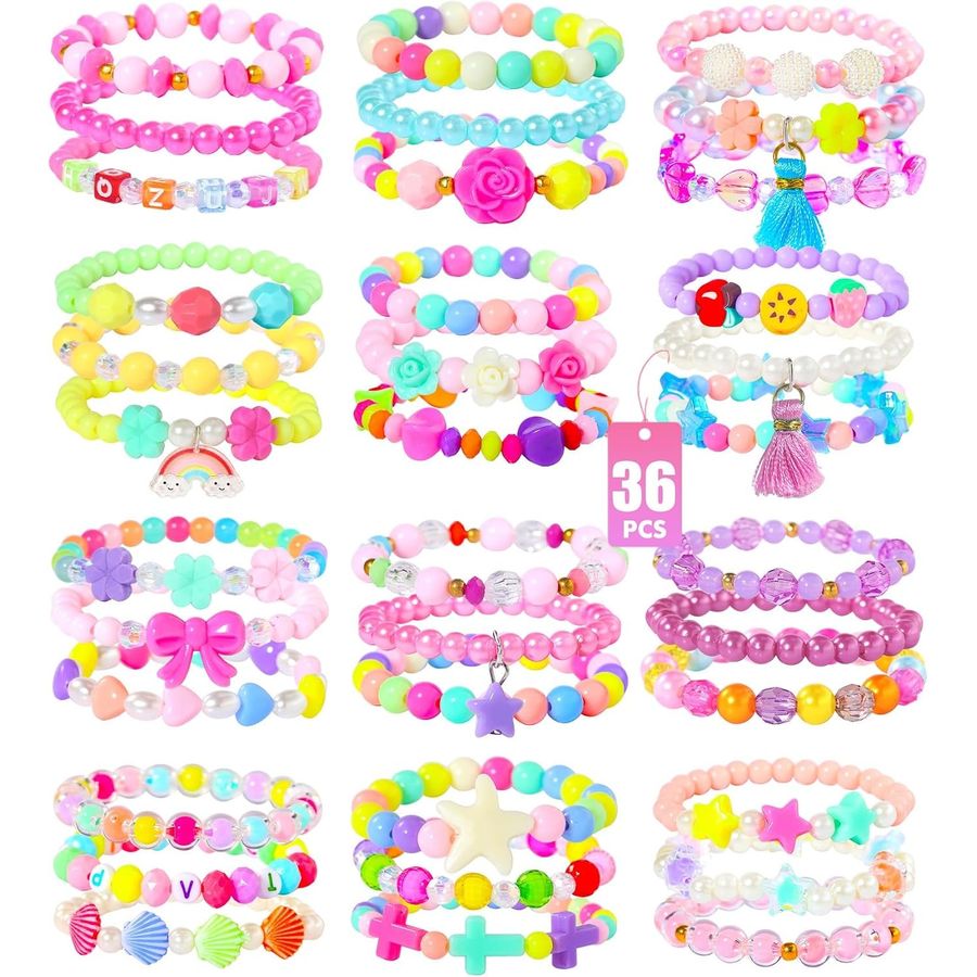PinkSheep Bracelets for Girls, 36-Piece Stretch Bead Bracelet Set