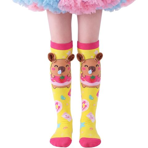 PinkSheep Capybara Crazy Socks, Knee High with Plush Ears
