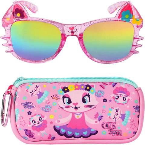 PinkSheep Cat-Eye Rainbow Sunglasses for Girls with Cat Pouch
