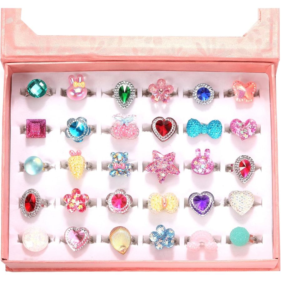 PinkSheep Glitter Gem Rings in Box, Adjustable Toddler Rings