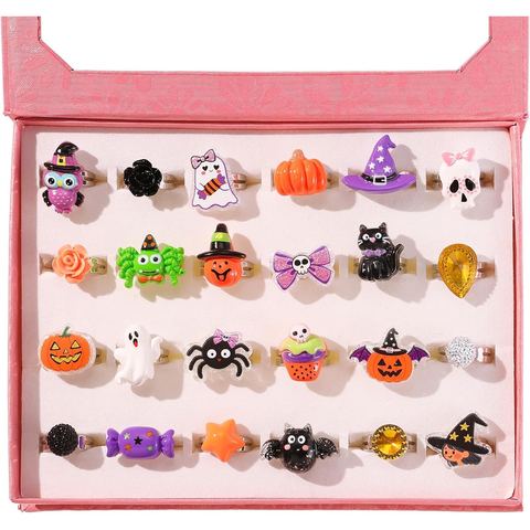 PinkSheep Halloween Rings for Girls, 24 Adjustable Rings in Box