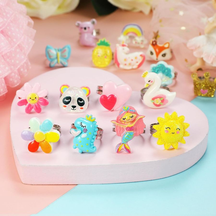 PinkSheep Jewel Rings in Heart Box, 24 Adjustable Animal Rings
