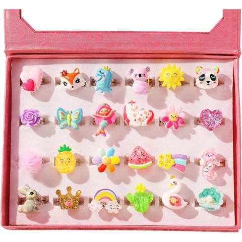 PinkSheep Jewel Rings in Heart Box, 24 Adjustable Animal Rings
