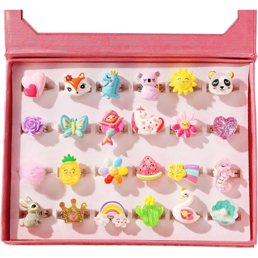 PinkSheep Jewel Rings in Heart Box, 24 Adjustable Animal Rings