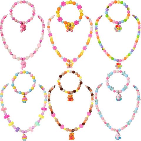 PinkSheep Kids Jewelry Set, 6 Bright Rainbow Necklaces & Bracelets with Animal Charms