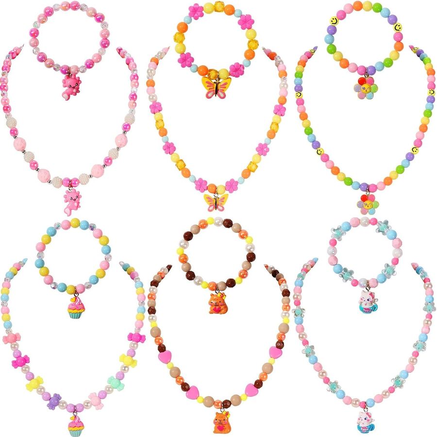 PinkSheep Kids Jewelry Set, 6 Bright Rainbow Necklaces & Bracelets with Animal Charms