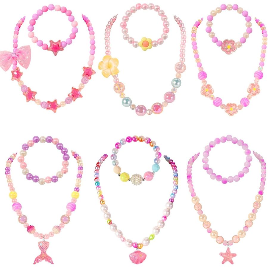 PinkSheep Kids Jewelry Set, 6 Pastel Pearl Necklaces & Bracelets