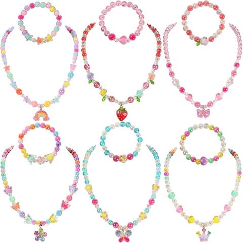 PinkSheep Kids Jewelry Set, 6 Pastel Rainbow Necklaces & Bracelets
