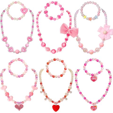 PinkSheep Kids Jewelry Set, 6 Pink Heart Necklaces & Bracelets
