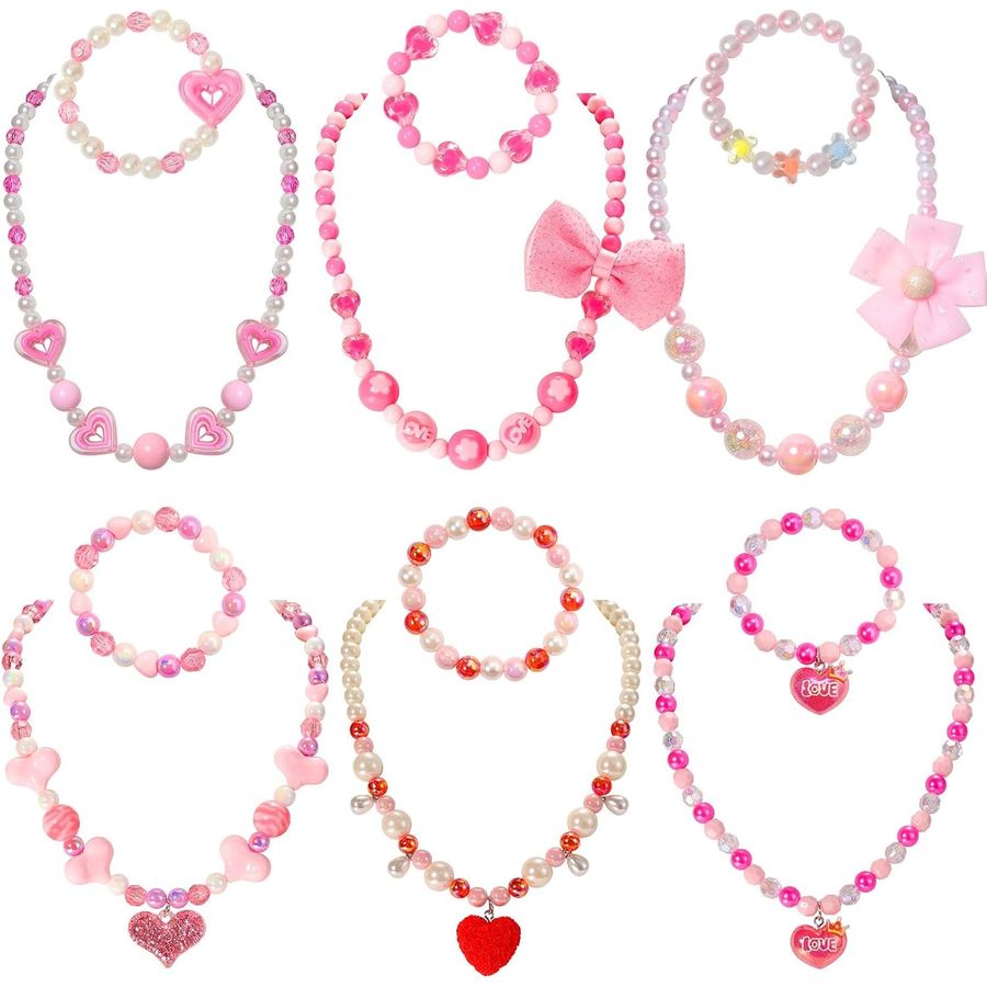 PinkSheep Kids Jewelry Set, 6 Pink Heart Necklaces & Bracelets