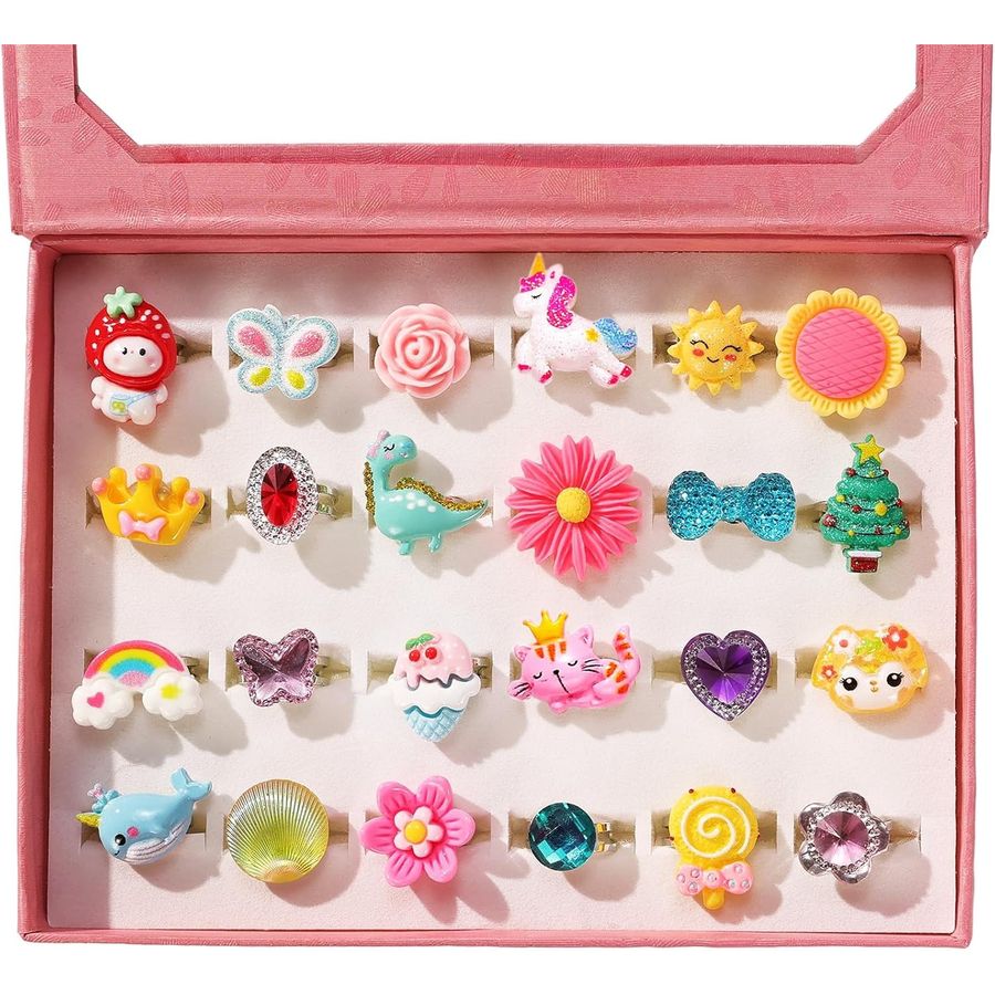 PinkSheep Little Girl Jewel Rings in Box, 24 Adjustable Rings