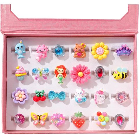PinkSheep Princess Jewel Rings in Box, 16 Adjustable Rings
