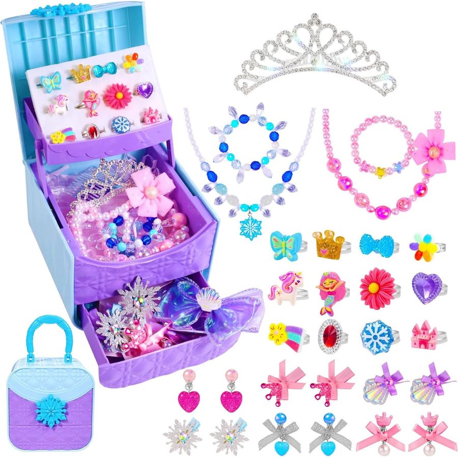 PinkSheep Princess Jewelry Box Set, 3-Drawer Case with 32 Pieces