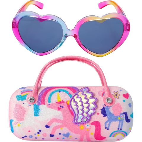 PinkSheep Rainbow Heart Sunglasses for Girls with Unicorn Case
