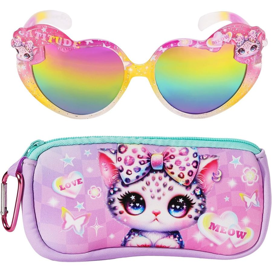 PinkSheep Rainbow Mirror Sunglasses for Girls with Leopard Cat Pouch