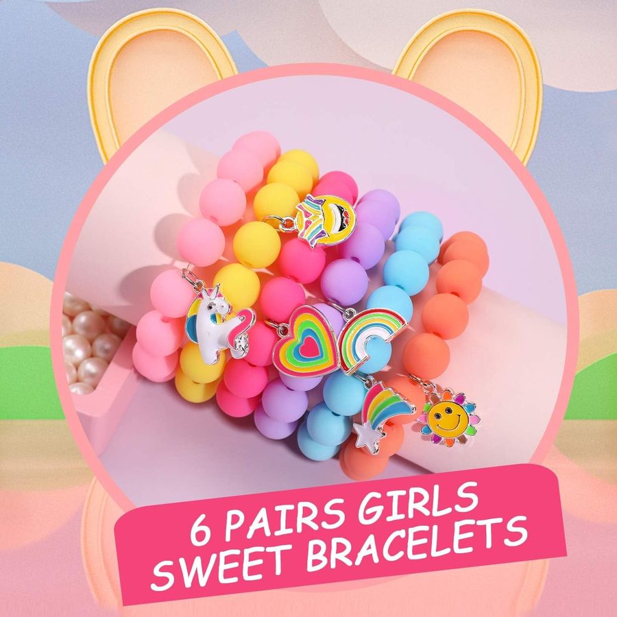 PinkSheep Unicorn Charm Friendship Bracelets, 6-Piece Rubber Bead Set