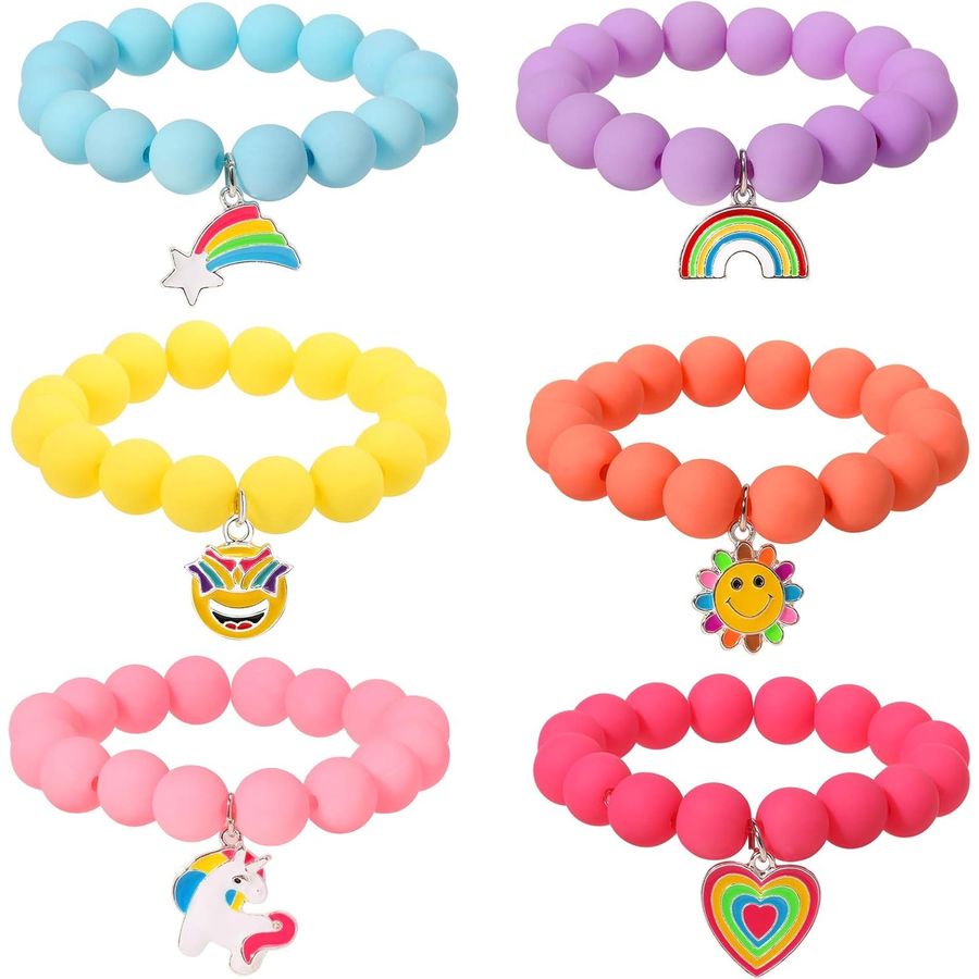 PinkSheep Unicorn Charm Friendship Bracelets, 6-Piece Rubber Bead Set
